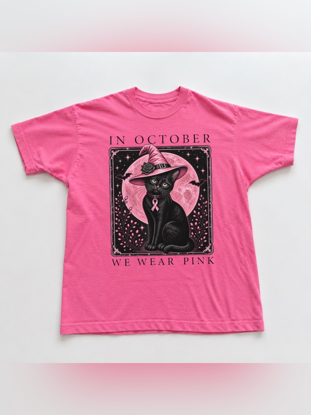 Pink Graphic Tee with Black Cat Witch